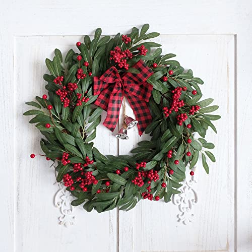 Christmas Olive Wreath for Front Door with Red Berries and Jingle Bell Decor - 20 Inch Farmhouse Holiday Decoration