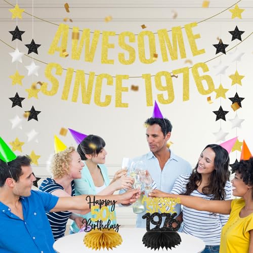 Black Gold 50th Birthday Banner Decorations for Men Women - Since 1976