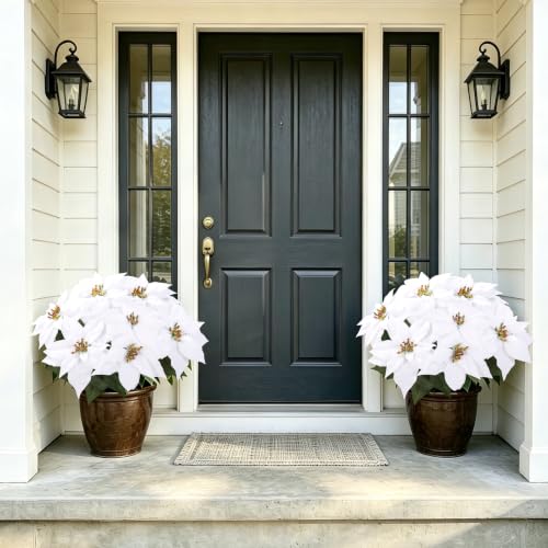 Artificial Poinsettia Flowers Christmas Decor 4PCS White Flocked Holiday Plants