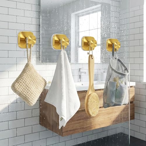 Gold Suction Cup Hooks for Shower - Heavy Duty No Drill Towel Holders, 4 Pack