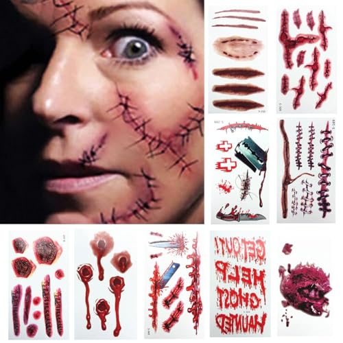 Halloween Temporary Tattoos 30 Sheets Fake Scars Wounds & Blood Makeup Kit
