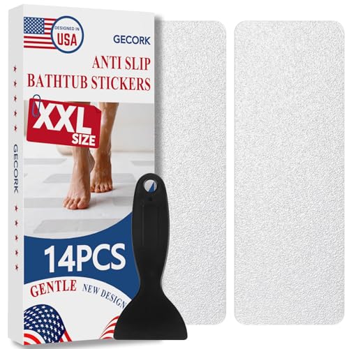 Gecork 14PCS XXL Anti-Slip Shower Stickers - Clear Bathtub Treads with Scraper