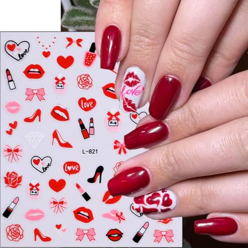 GUAACCB 6 Sheets Valentines Nail Stickers 3D Love Heart Red Lips Bow Decals