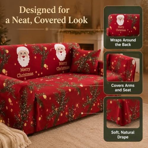 Christmas Sofa Cover - 4 Seats Santa Claus Print Slipcover with Elastic Bottom