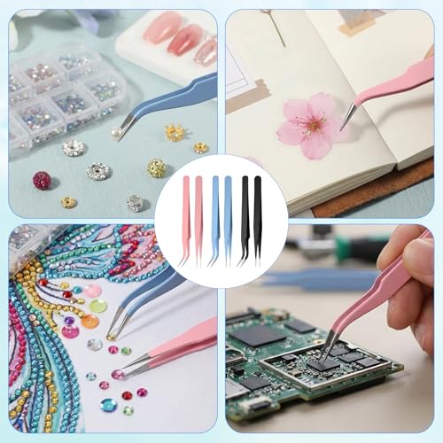 JJUNW 6PCS Stainless Steel Precision Tweezers Set with Protective Caps