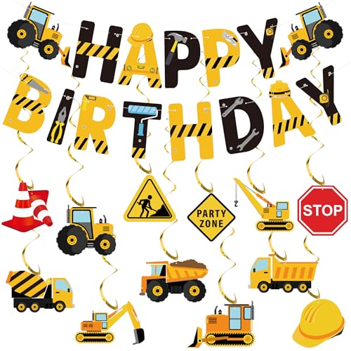Construction Birthday Party Decorations - 27 Pcs Happy Birthday Banner & Hanging Swirls