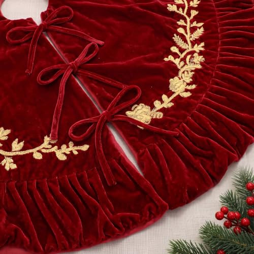 84 Inch Burgundy Velvet Christmas Tree Skirt with Gold Embroidery - Xmas Decoration