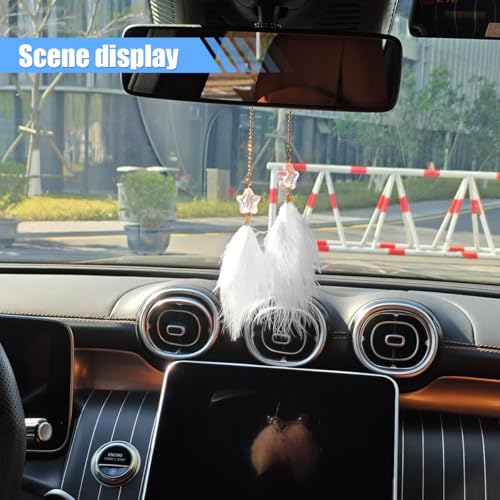 Fuzzy Feather & Star Car Rearview Mirror Hanging Ornament - White