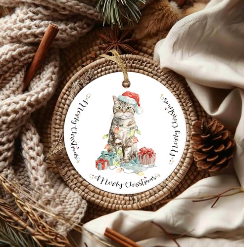 Ceramic Cat Christmas Ornament - Double-Sided Holiday Tree Decor