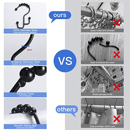 SUTINE Black Shower Curtain Hooks - 12 Rust Proof Stainless Steel Rings