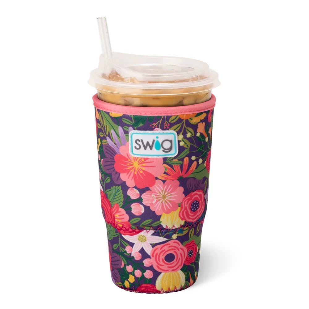 Swig Life Large Iced Cup Coolie, 30-32oz Iced Coffee Cup Insulator Sleeve with Handle, Neoprene Insulated Coolie Keeps Drinks Cold (Secret Garden)