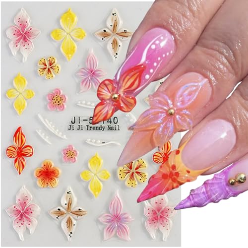 5D Embossed Floral Nail Stickers Lily & Hibiscus Decals, 4 Sheets