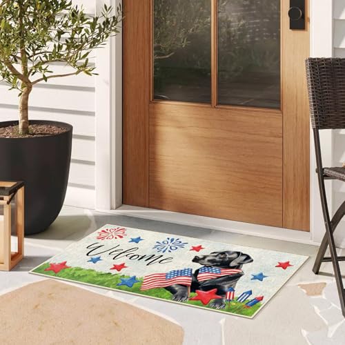 Patriotic Black Labrador Doormat 16x30 Inch - 4th of July Entryway Rug