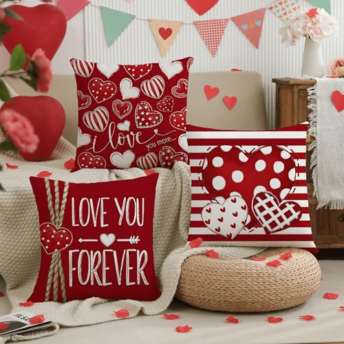 Valentine's Day Throw Pillow Covers Set of 4 - 18x18 Inch Red Love Heart Decor