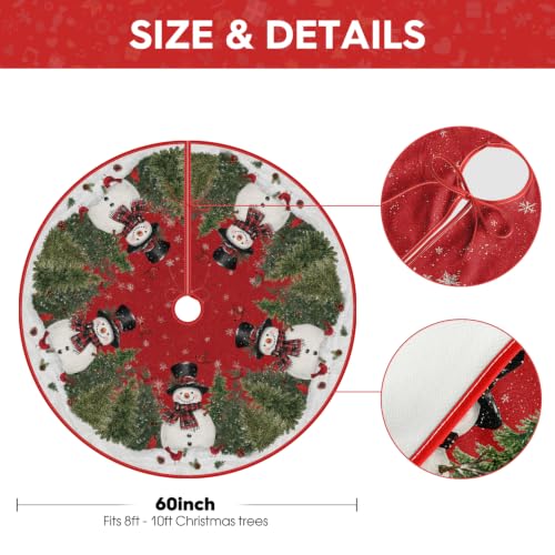 Red Christmas Tree Skirt 60 Inch for 7.5-9ft Trees Snowman Cedar Cardinals