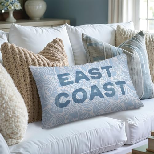 Blue Seashell Coastal Beach Pillow Cover 12x20 - East Coast Beach Decor, Preppy Throw Pillowcase, Coastal Bedroom & Couch Accent - Coast-east Coast-seashell-blue