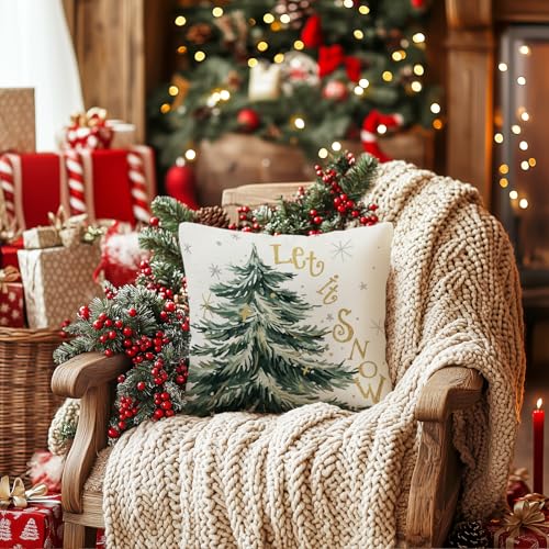 AACORS Christmas Pillow Cover 18x18 Inch - Snowflakes & Pine Tree