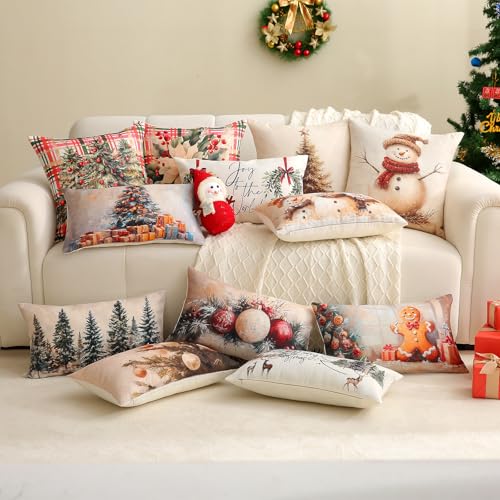 Christmas Lumbar Pillow Covers 12x20 Inch, Set of 2 Winter Holiday Decor