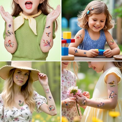Konsait Bird Temporary Tattoos for Kids - 10 Sheets Hummingbird and Flower Fake Tattoos for Party Favors