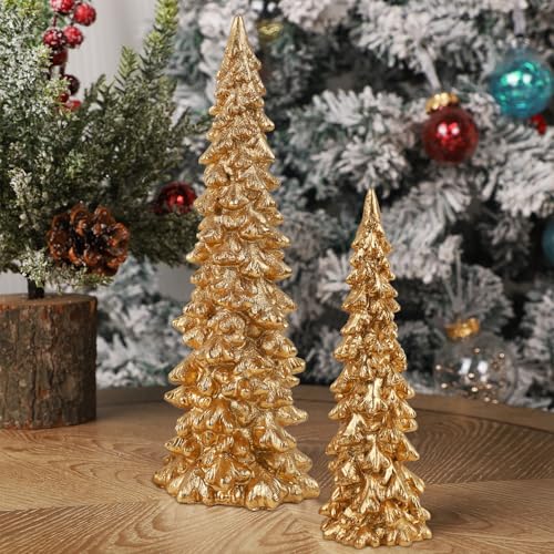 Golden Resin Christmas Tree Tabletop Decorations Set of 2 - 9.5 Inches