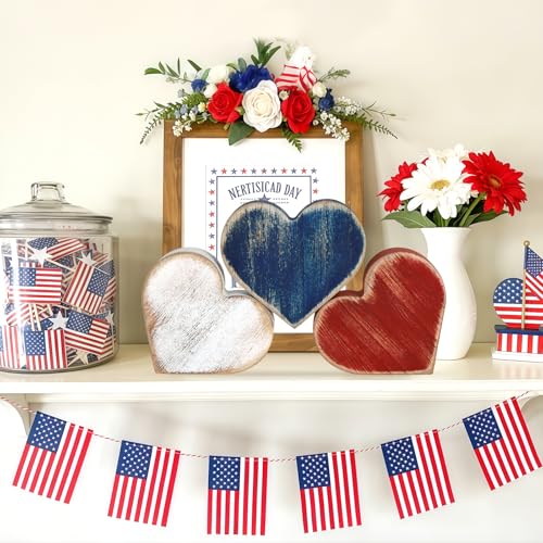 COCHIE Patriotic Wooden Heart Blocks - 6-Piece 4th of July Tiered Tray Decor