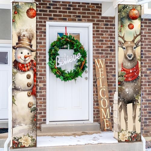 2PCS Christmas Porch Banners Snowman and Deer Holiday Door Decorations