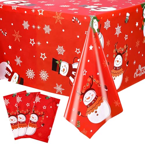 Christmas Snowman and Snowflake Disposable Tablecloths - Red Snowmen, 3 Pack, 54x108 Inch