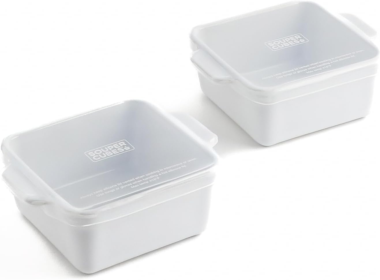 Souper Cubes Stoneware Baking Dishes - Premium Mini Ceramic Oven Dishes with Silicone Covers, Set of 2 | 5" x 5" - White