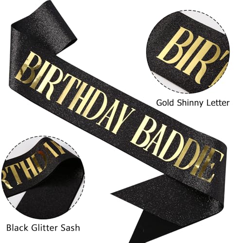 Black Glitter Birthday Baddie Sash with Gold Foil - Party Accessory
