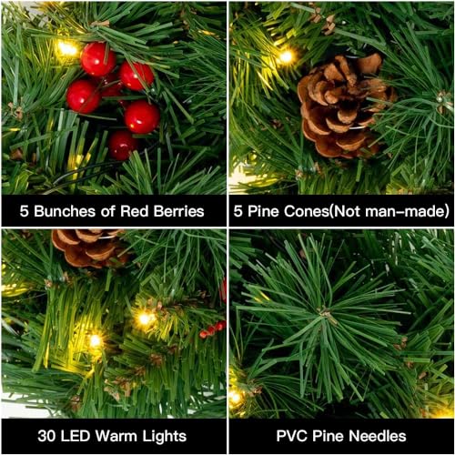24 Inch Christmas Wreath with Lights and Red Green Variation