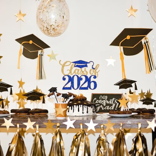 Class of 2026 Graduation Cake Topper - Gold & Blue Glitter