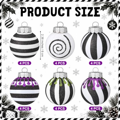 24 Black and White Halloween Ball Ornaments - Gothic Christmas Decorations