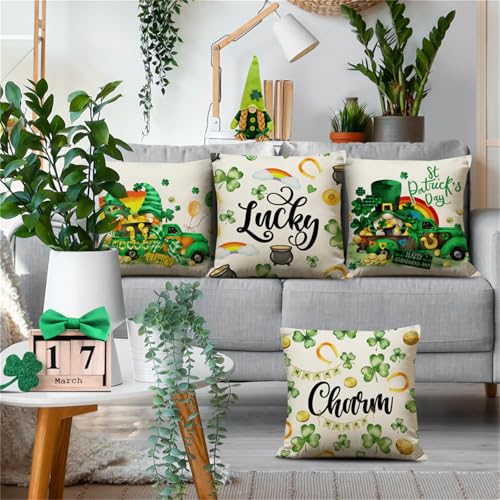 St. Patrick's Day Pillow Covers Set of 4 - Shamrock Gnome Design