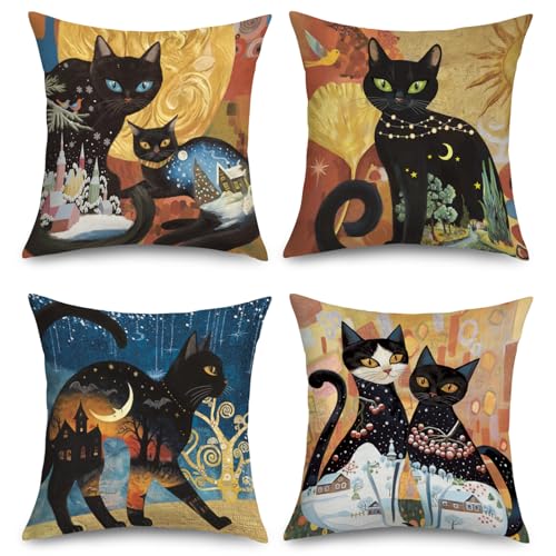 Set of 4 Boho Black Cat Throw Pillow Covers - 18x18
