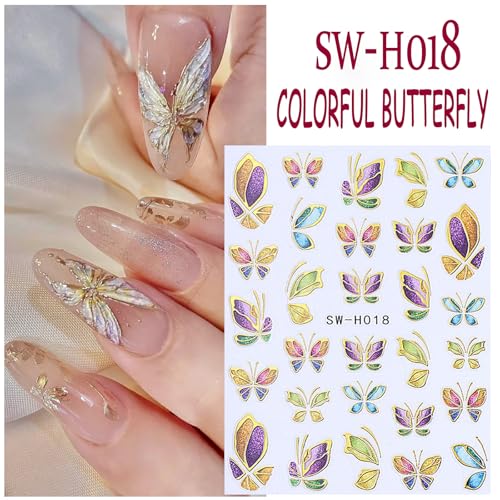 Butterfly Nail Art Stickers 3D Self-Adhesive Gold Blue Decals (6 Sheets)