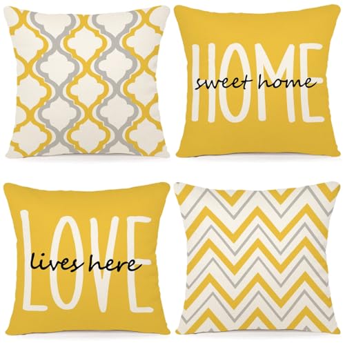 YCOLL Yellow Farmhouse Pillow Covers 18x18 (Set of 4) - Rustic Linen Cushion Covers for Couch & Bedroom Decor