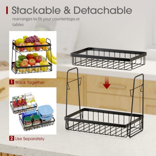 Black 2-Tier Fruit Basket with Removable Banana Hanger - Space-Saving Kitchen Organizer