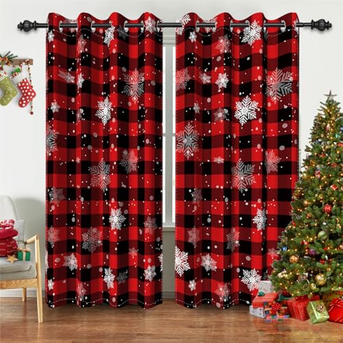 Blackout Curtains for Bedroom 2 Panels Set - Red and Black Buffalo Snowflakes, 26x63 Inch