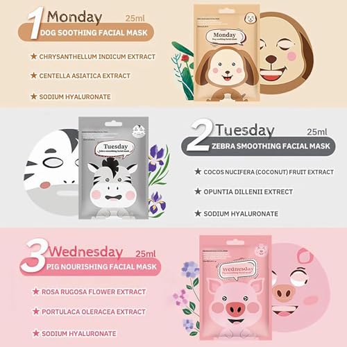 Minfei 7-Pack Animal Character Kids Face Mask Skin Care Hydrating Set