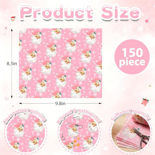 Pink Santa Deli Paper Sheets for Food Wrapping - Christmas Party Supplies, 150 Pack