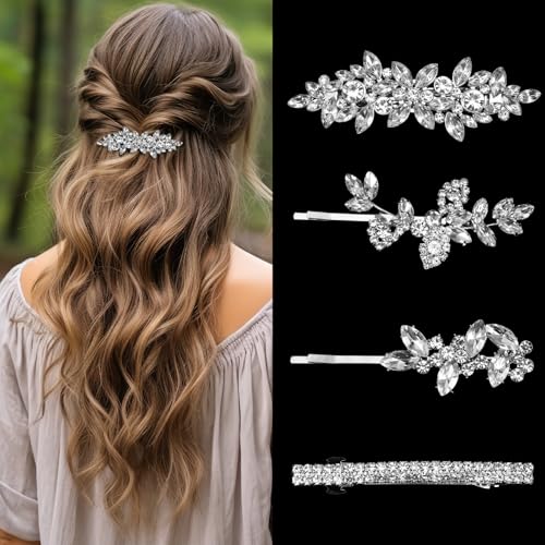 YBEATY 4 Pcs Rhinestone Leaf Hair Pins Silver Crystal Bridal Barrettes