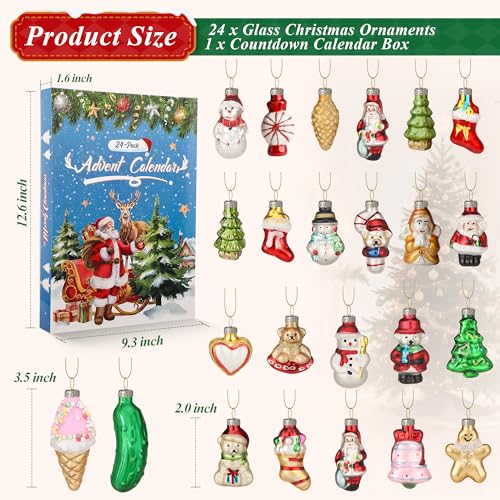 24 Glass Christmas Ornaments with Advent Calendar Set - Holiday Tree Decor