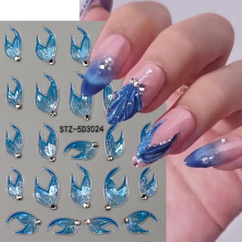BYJKYEN 5D Embossed Mermaid Nail Stickers Self Adhesive Ocean Decals