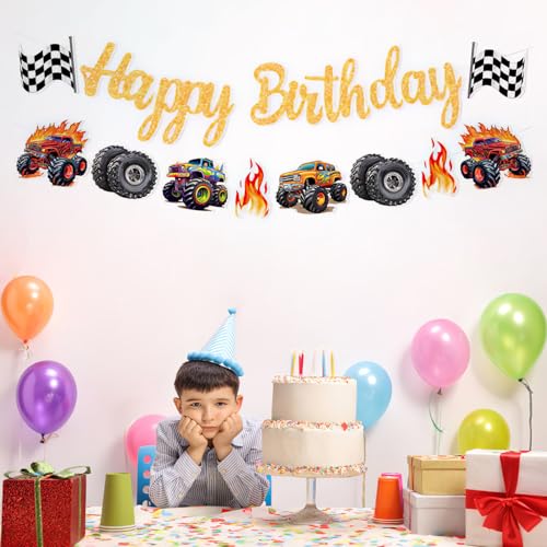 Monster Truck Happy Birthday Banner - Racing Party Decorations (8-Monster Truck)