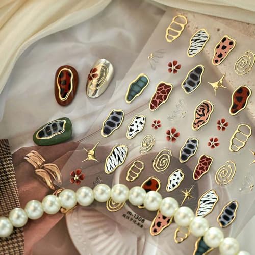 5D Embossed French Leopard Print Nail Stickers Flower Butterfly Decals