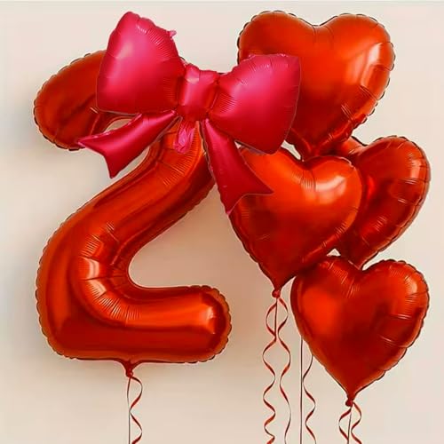 Red Number Balloons Set - 32 Inch Mylar Foil with Bow & Heart