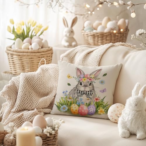 Easter Bunny Floral Pillow Cover 18x18 Inch - Holiday Decor