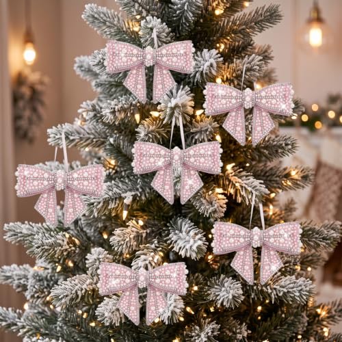 6 Pcs Pearl Bow Christmas Tree Ornaments with Hanging Ribbon - Pink
