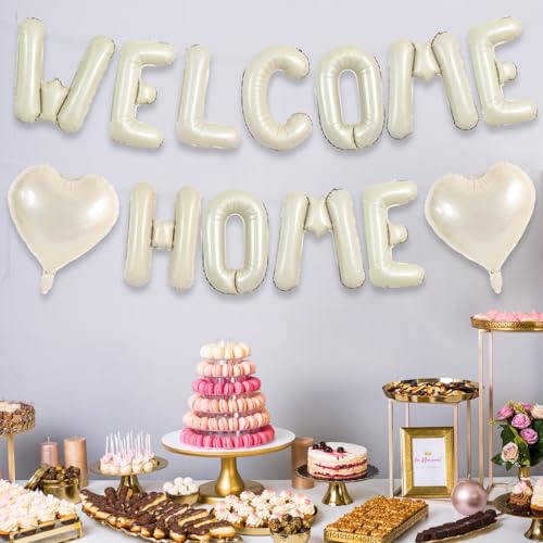 WELCOME HOME Foil Balloon Banner Set with Heart Balloons - 16 Inch Cream White Decor for Homecoming & Parties
