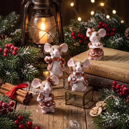 Honoson 12 Pcs Christmas Gingerbread Mouse Figurines - Resin Holiday Decor